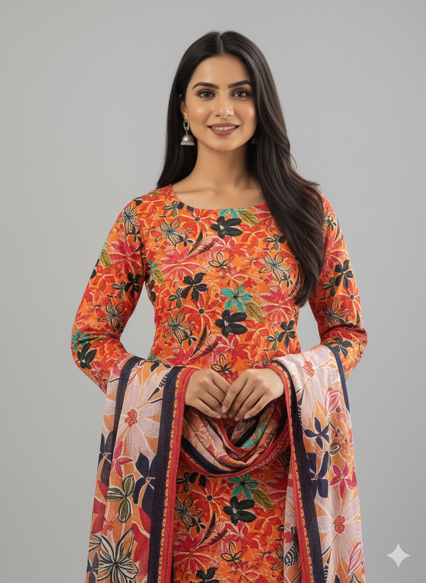 ss alkaram – orange printed 3pc unstitched suit (shirt + trouser + dupatta)