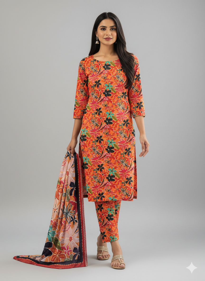 ss alkaram – orange printed 3pc unstitched suit (shirt + trouser + dupatta)