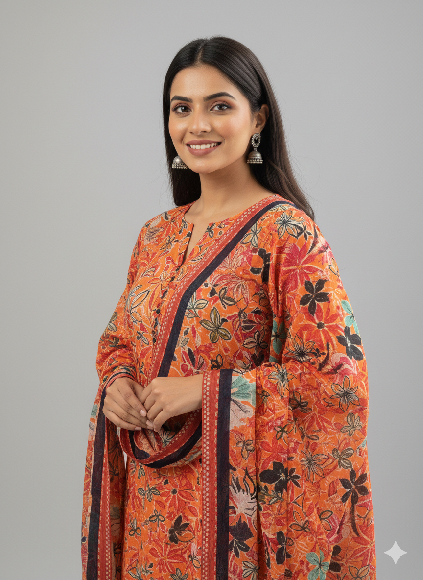 ss alkaram – orange printed 3pc unstitched suit (shirt + trouser + dupatta)
