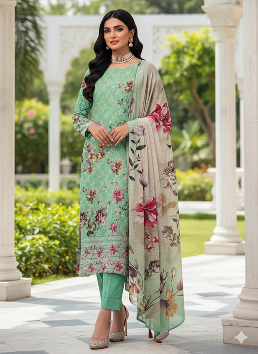 Mint Gardenia – Luxury Digital Print 3-Piece Ensemble
