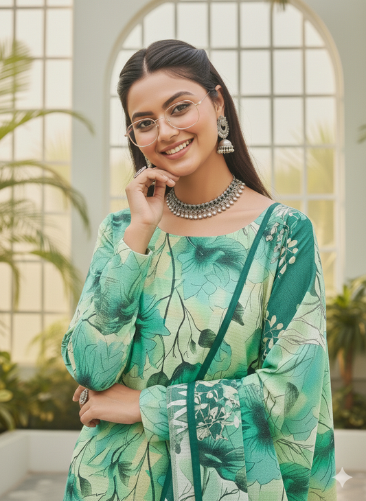 Emerald Bloom – Mint & Teal Digital Printed Lawn 3-Piece Suite