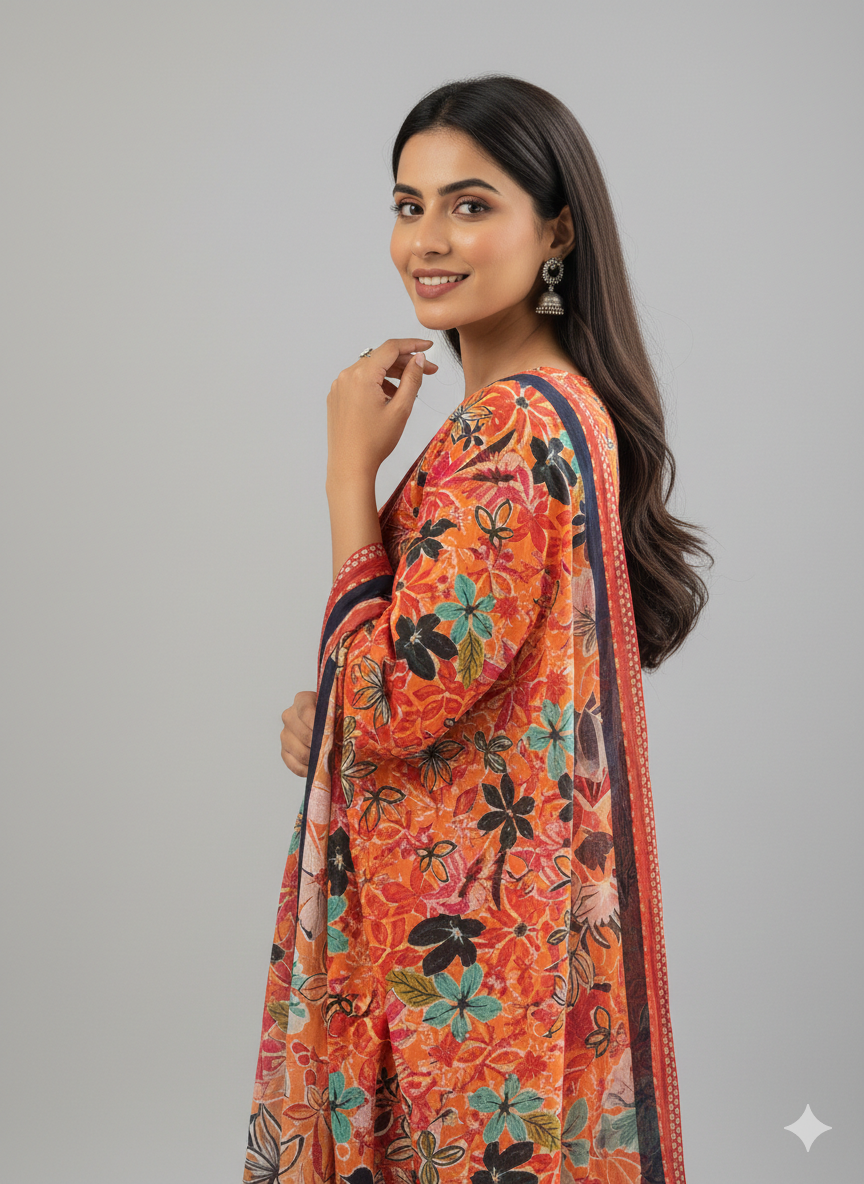ss alkaram – orange printed 3pc unstitched suit (shirt + trouser + dupatta)