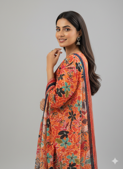 SS Alkaram – Orange Printed 3PC Unstitched Suit (Shirt + Trouser + Dupatta)