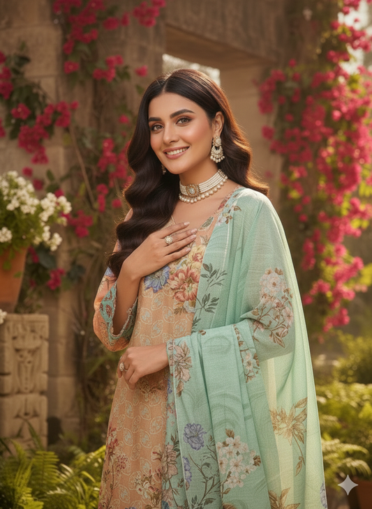 Mint & Peach Floral Bloom - Three Piece Digital Printed Lawn Suit