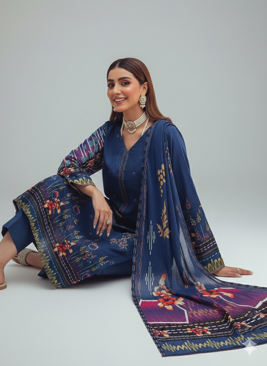 Midnight Indigo Floral – Premium Embroidered 3-Piece Ensemble