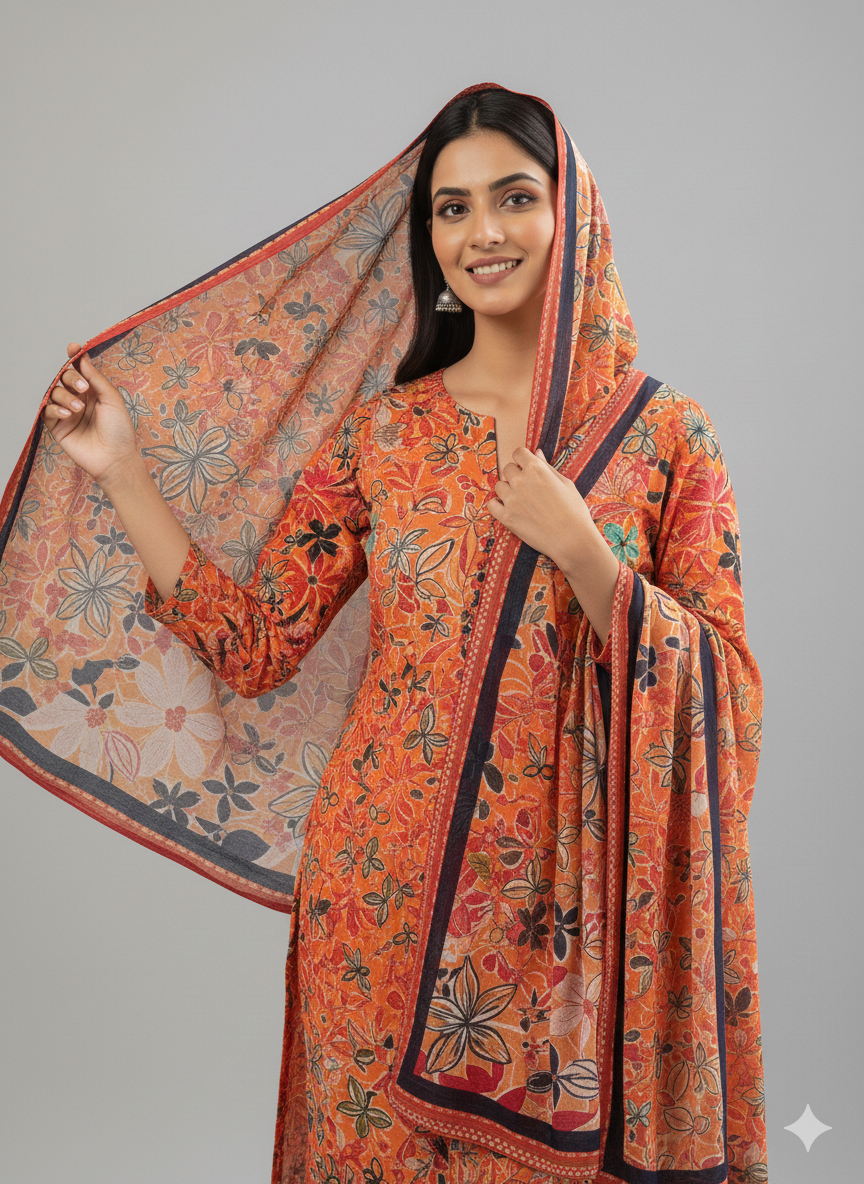ss alkaram – orange printed 3pc unstitched suit (shirt + trouser + dupatta)