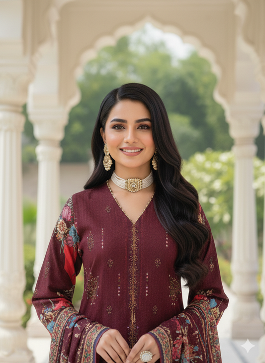 Royal Maroon Regency – Intricate Digital Print 3-Piece Festive Suite