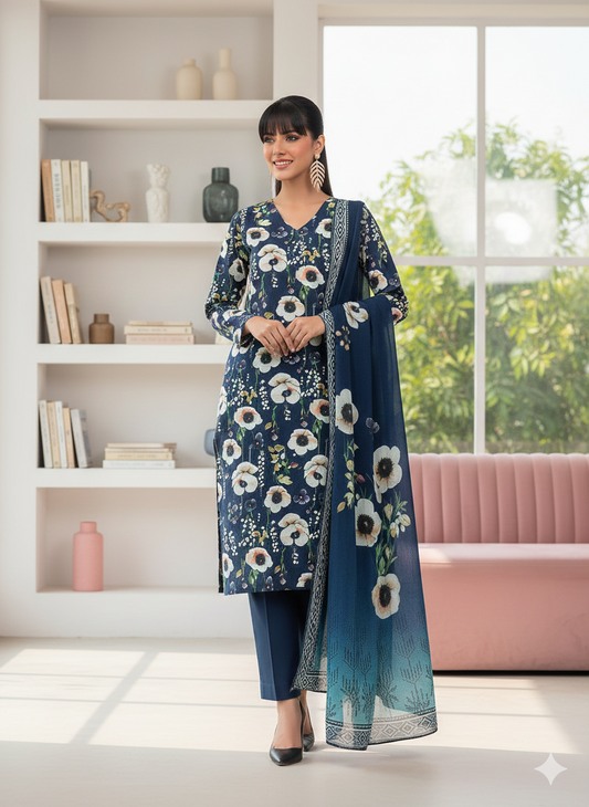 Azure Poppy – Premium Digital Print 3-Piece Ensemble