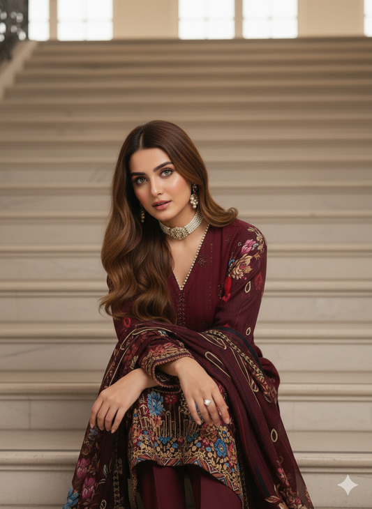 Zeenat Floral Crimson – Luxury Embroidered 3-Piece Suite