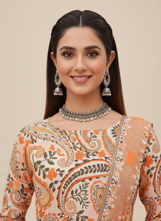 SS Nishat – Orange Printed 3PC Unstitched Suit (Shirt + Trouser + Dupatta)