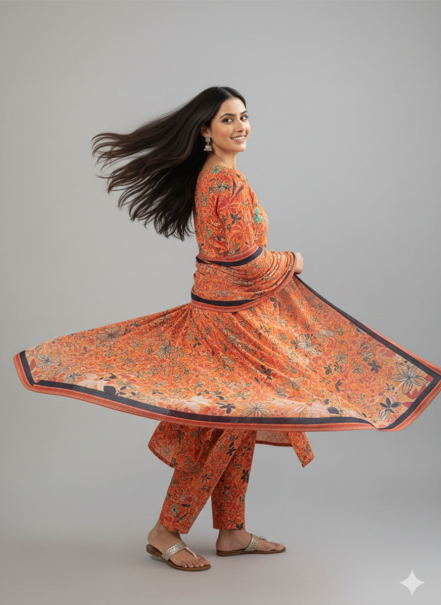 ss alkaram – orange printed 3pc unstitched suit (shirt + trouser + dupatta)