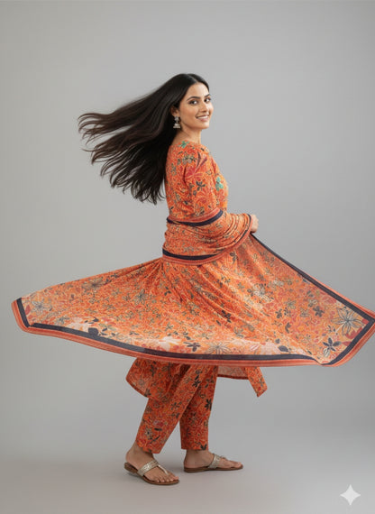 SS Alkaram – Orange Printed 3PC Unstitched Suit (Shirt + Trouser + Dupatta)