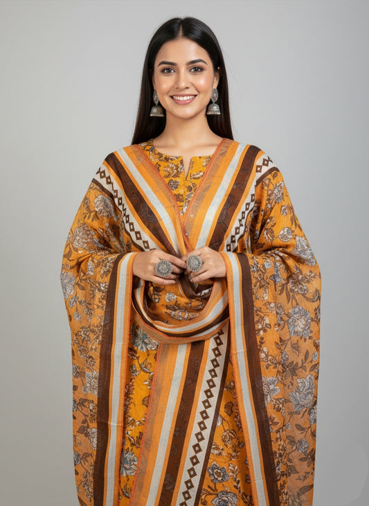 SS Alkaram – Yellow Printed 3PC Unstitched Suit (Shirt + Trouser + Dupatta)