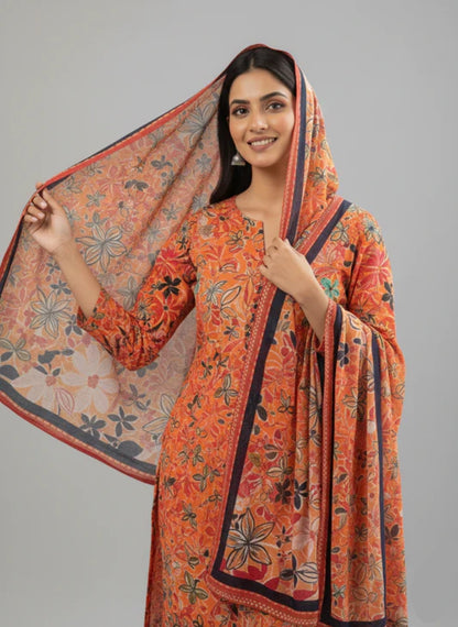 SS Alkaram – Orange Printed 3PC Unstitched Suit (Shirt + Trouser + Dupatta)