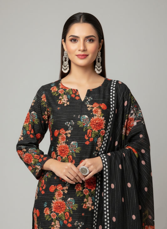 SS Alkaram – Black Printed 3PC Unstitched Suit (Shirt + Trouser + Dupatta)